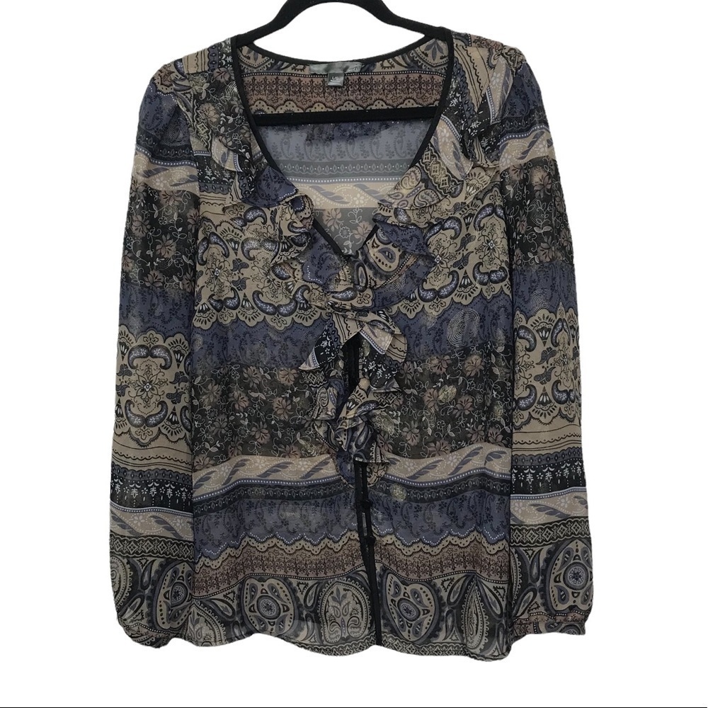 Love21 Blue Tan Sheer Button Up Ruffle Paisley Print Blouse Large